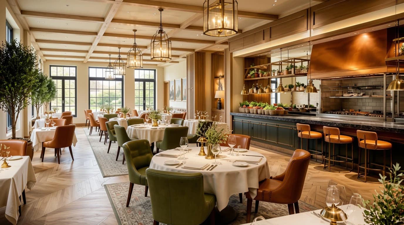Illustrative concept of a dining room and open kitchen for a clubhouse social space.
