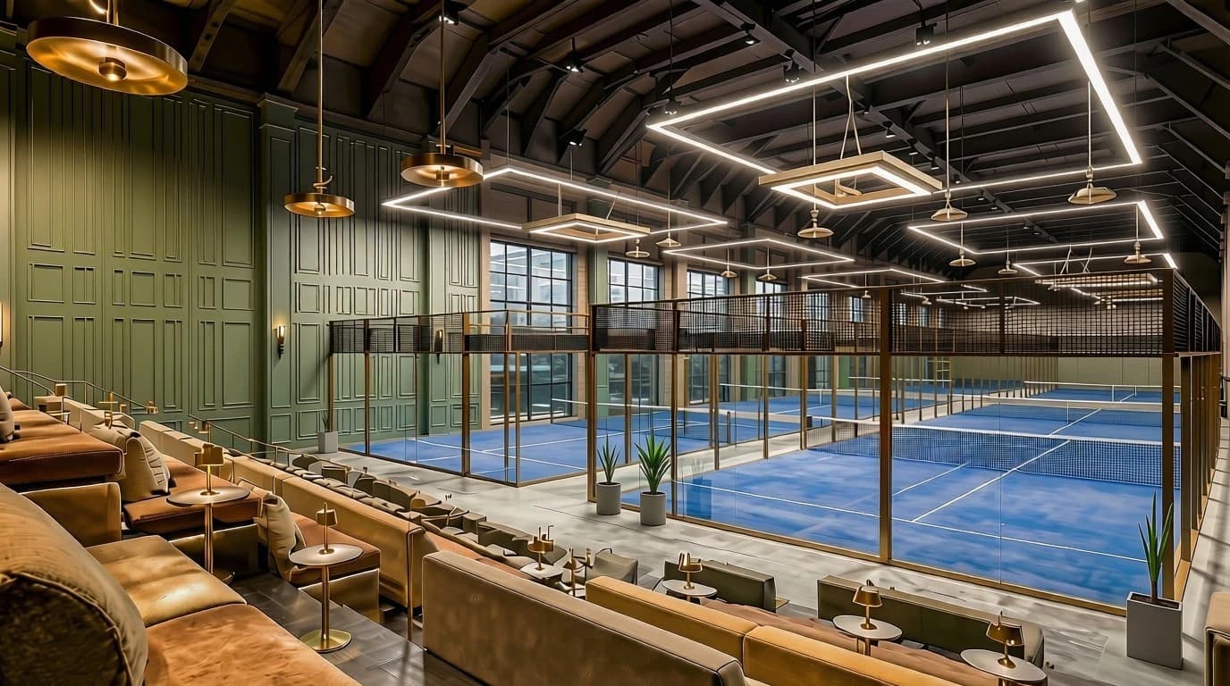 Illustrative concept of indoor padel courts beside a lounge.
